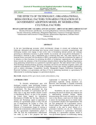 THE EFFECTS OF TECHNOLOGY, ORGANISATIONAL,behavioral factors towards utilization of e goverment adoption model by moderating cultural factors.pdf